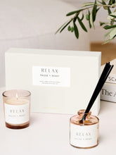 Load image into Gallery viewer, Katie Loxton Mini Votive & Mini Reed Diffuser Gift Set / 'Relax' /
Fresh Linen & White Lily