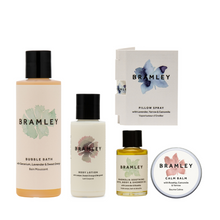 Load image into Gallery viewer, Bramley Pamper Kit Contains Soothing Bath, Body & Shower Oil 30ml, Mini Calm Balm 15g, Mini Sleep Spray 3ml, Bubble Bath 100ml, Body Lotion 50ml