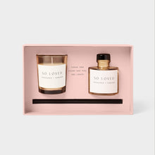 Load image into Gallery viewer, Katie Loxton Mini Votive & Mini Reed Diffuser Gift Set / 'So Loved' /Peach Rose & Sweet Mandarin
