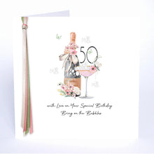 Load image into Gallery viewer, Five Dollar Shake Ribbon & Roses Age 50 Bring On The Bubbles Birthday Card