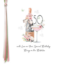 Load image into Gallery viewer, Five Dollar Shake Ribbon & Roses Age 50 Bring On The Bubbles Birthday Card