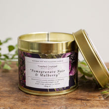 Load image into Gallery viewer, Toasted Crumpet Pomegranate Noir &amp; Mulberry Candle in Matt Gold Tin
