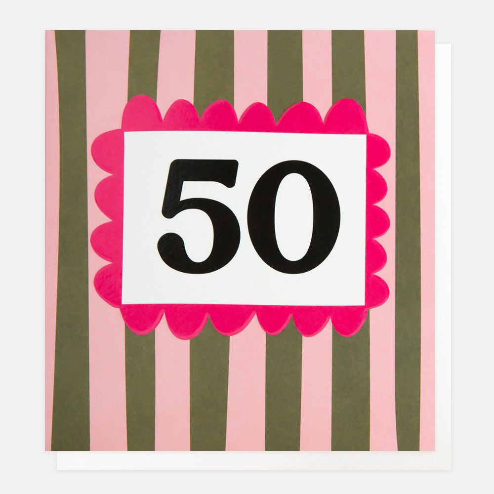 Caroline Gardner Age 50 Pink & Khaki Stripe Birthday Card