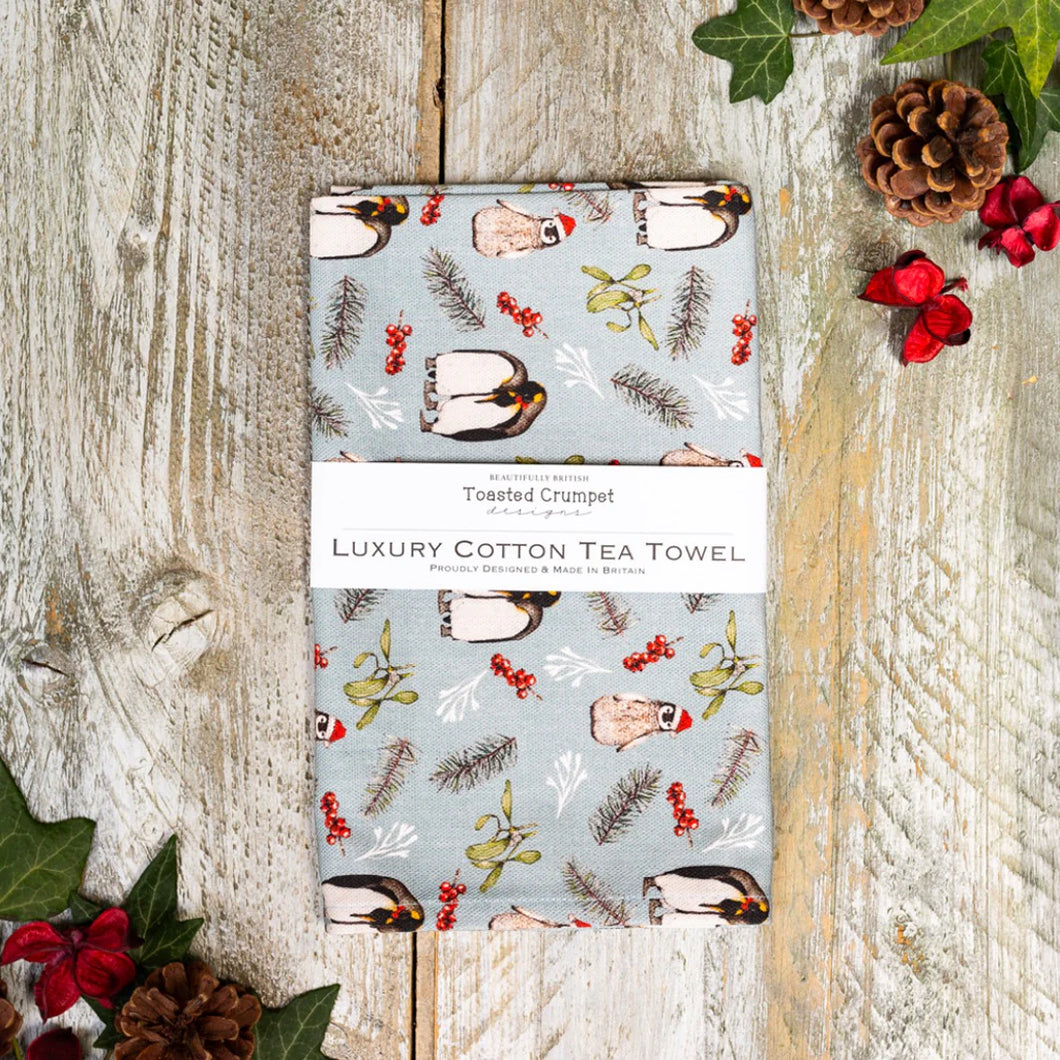 Toasted Crumpet Christmas Penguins (Ice Blue) Tea Towel