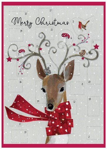 Cinnamon Aitch Deer With Spotty Scarf Christmas Advent Card