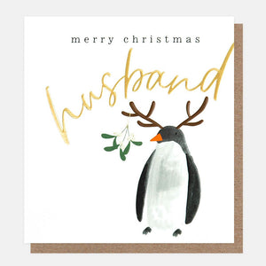 Caroline Gardner Penguin With Antlers Merry Christmas Husband Card