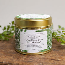 Load image into Gallery viewer, Toasted Crumpet Fern &amp; Oakmoss Candle in a Matt Gold Tin
