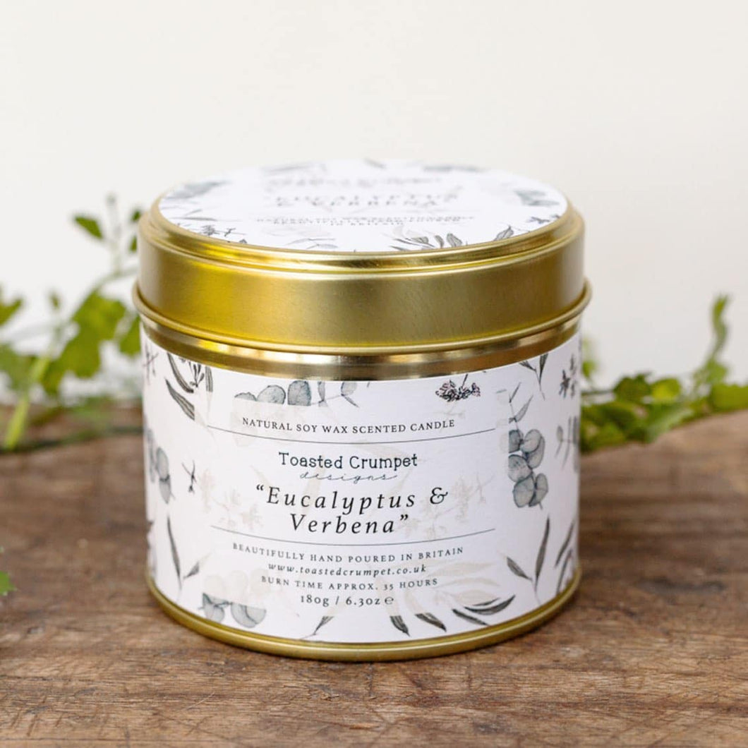 Toasted Crumpet Eucalypus & Verbena Candle in a Matt Gold Tin