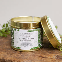 Load image into Gallery viewer, Toasted Crumpet Fern &amp; Oakmoss Candle in a Matt Gold Tin
