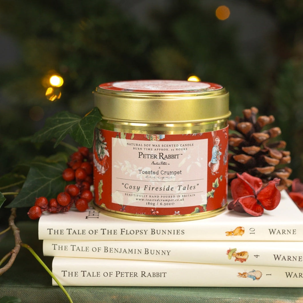 Toasted Crumpet Peter Rabbit & Friends “Cosy Fireside Tales” Candle in a Matt Gold Tin