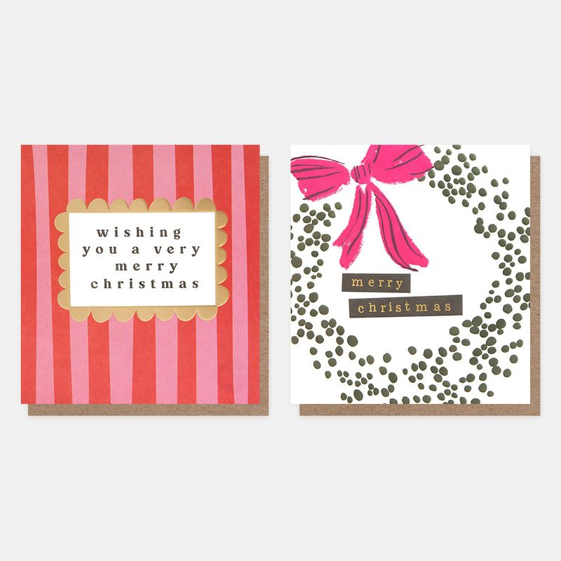 Caroline Gardner Pink Stripe & Bow Wreath Mixed Charity Christmas Cards Pack of 8