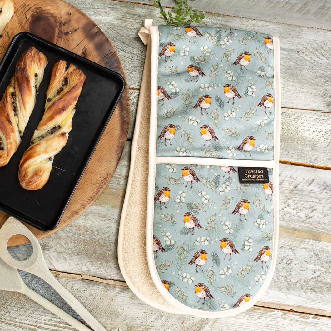Toasted Crumpet Christmas Robin & Eucalyptus (Blue) Cotton Double Oven Glove