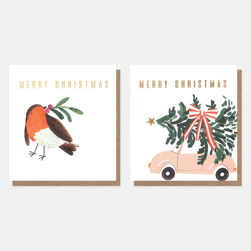 Caroline Gardner Robin & Car With Tree Mixed Charity Christmas Cards Pack of 8