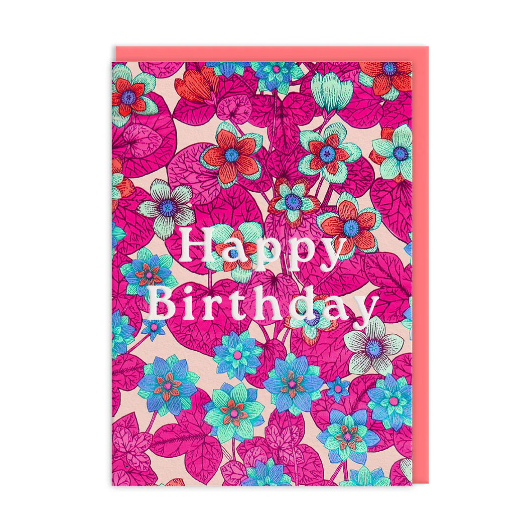 Ohh Deer Neon Floral Pink and Blue Birthday Card
