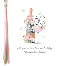 Load image into Gallery viewer, Five Dollar Shake Ribbon &amp; Roses Age 60 Bring On The Bubbles Birthday Card
