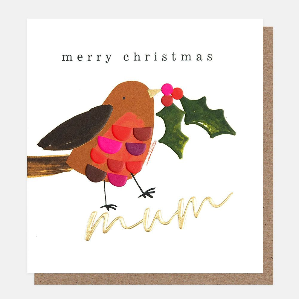 Caroline Gardner Robin & Holly Merry Christmas Mum Card