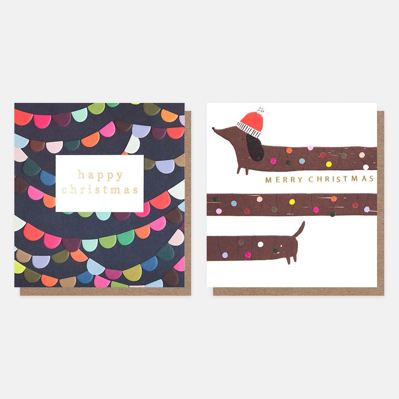 Caroline Gardner Bunting & Dog With Christmas Lights Mixed Charity Christmas Cards Pack of 8
