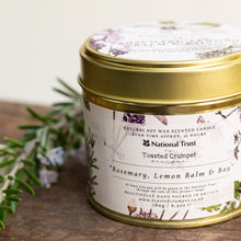 Load image into Gallery viewer, Toasted Crumpet Rosemary, Lemon Balm &amp; Bay Candle in a Matt Gold Tin
