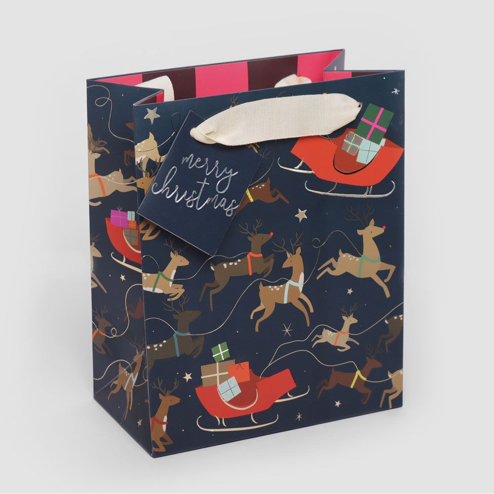 Caroline Gardner Reindeer & Sleighs Medium Christmas Gift Bag