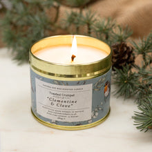 Load image into Gallery viewer, Toasted Crumpet Clementine &amp; Clove (Robin &amp; Eucalyptus Blue) Candle in a Matt Gold Tin
