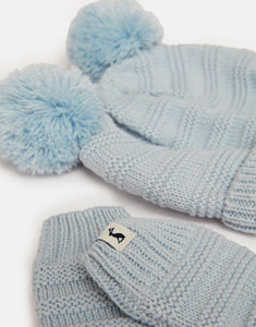 Joules Pom Set Light Blue Knitted Hat And Glove Set 0-24 Months / 2-4 Years