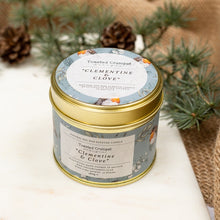 Load image into Gallery viewer, Toasted Crumpet Clementine &amp; Clove (Robin &amp; Eucalyptus Blue) Candle in a Matt Gold Tin
