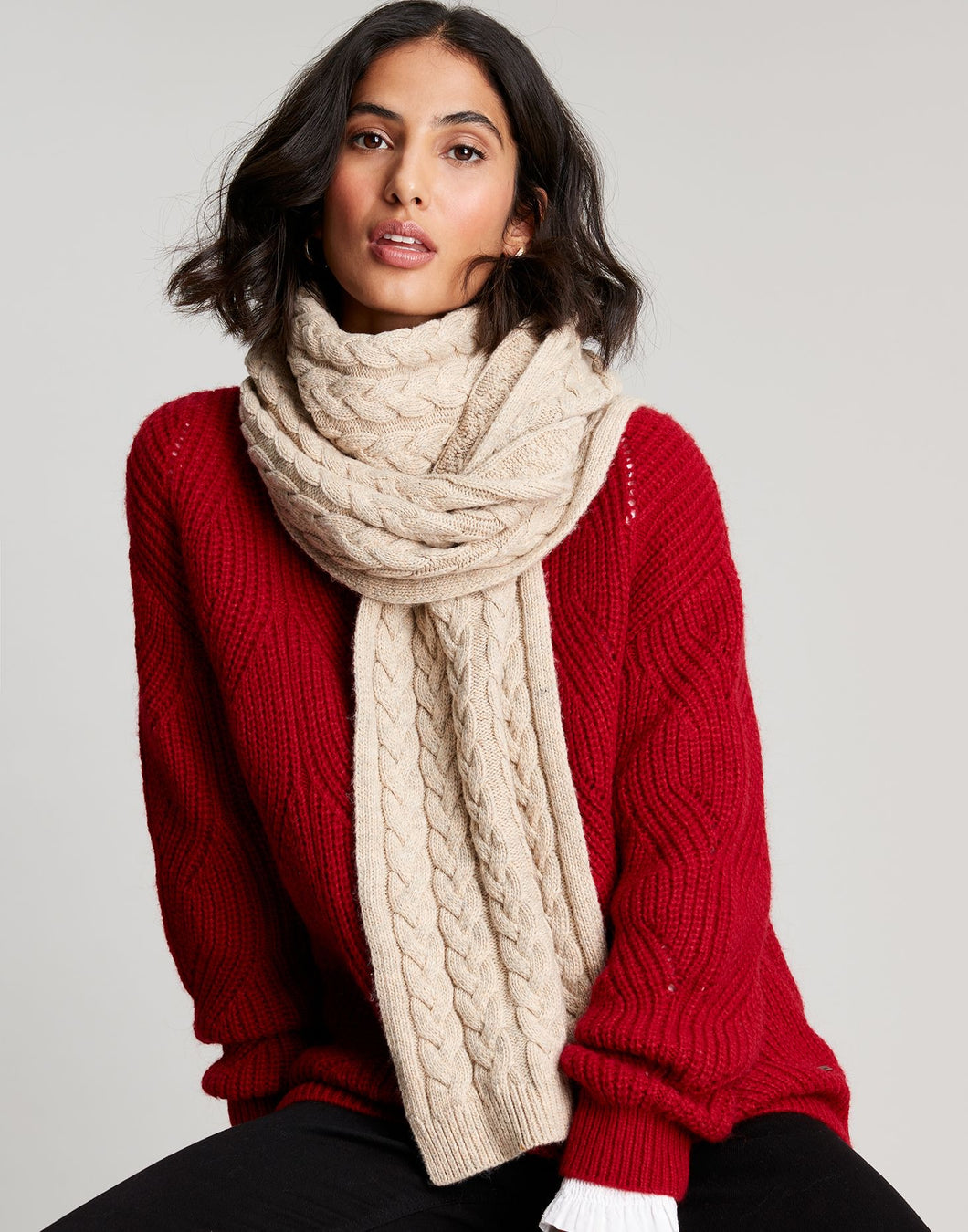 Joules Elena Cable Knit Scarf / Oat