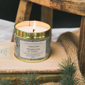 Toasted Crumpet Clementine & Clove (Robin & Eucalyptus Blue) Candle in a Matt Gold Tin